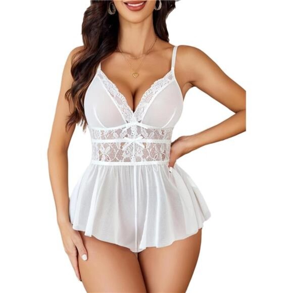 Women One Piece Teddy Lace Bodysuit Sexy White - Picture 2 of 6